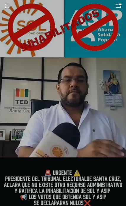 TED de Santa Cruz confirma inhabilitación de ASIP y SOL para las elecciones subnacionales 2026