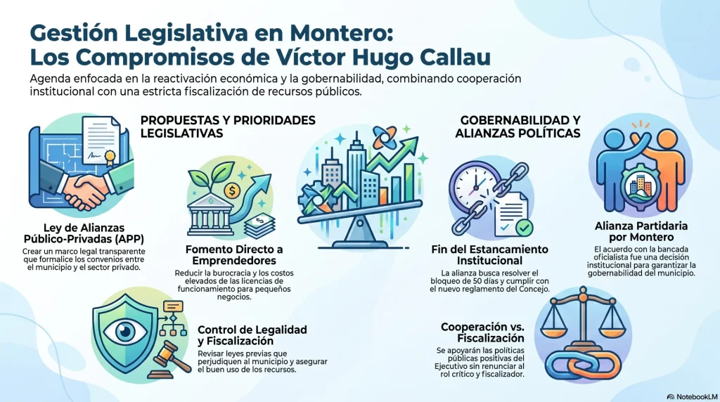 Víctor Hugo Callau plantea una gestión proactiva, mayor fiscalización y leyes para fortalecer a los emprendedores de Montero.