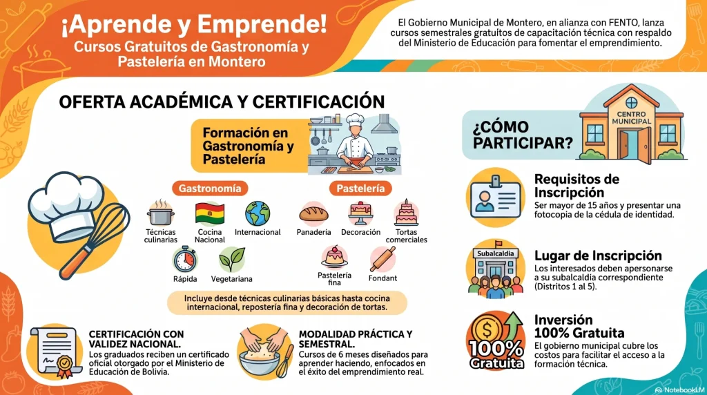 Alcaldía de Montero lanza cursos gratuitos de gastronomía y pastelería con certificación del Ministerio de Educación