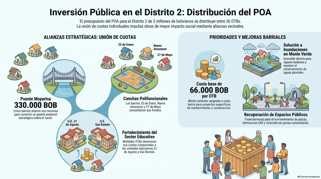 Distrito 2 de Montero prioriza canchas, puentes, unidades educativas y obras viales en el POA 2027